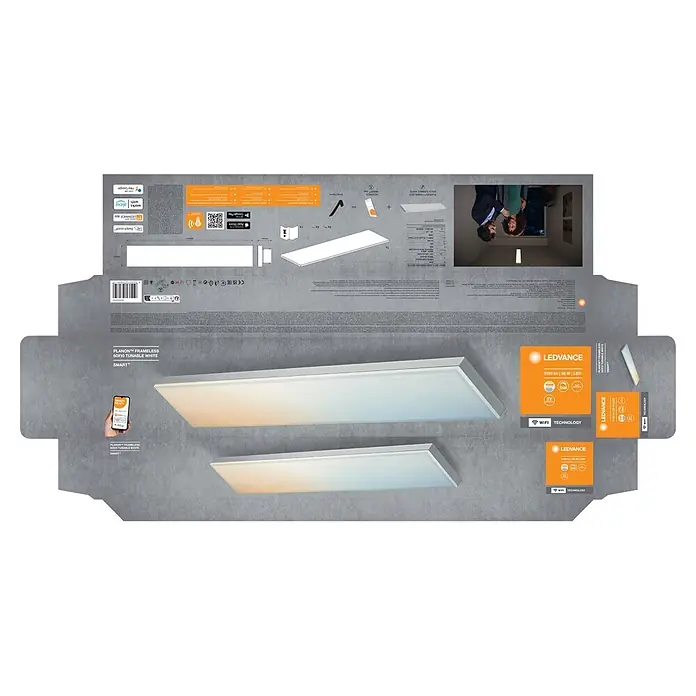 Ledvance Smart+ WiFi LED-Panel Planon Frameless - 28 W, L x B x H: 600 x 100 x 65 mm, Weiß - Zwei schlanke weiße rahmenlose LEDVANCE Smart-LED-Paneele, abstimmbares Weiß und dimmbar, mit WiFi-Technologie auf der Verpackung.