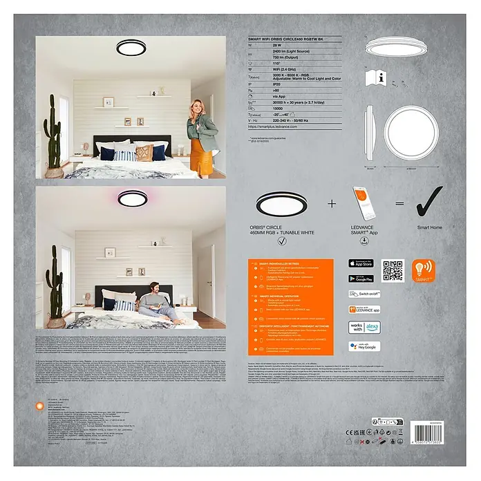 Ledvance LED-Deckenleuchte rund - 28 W, Ø x H: 46 x 9,5 cm, Schwarz, Mehrfarbig - Eine runde, schwarz-weiße smarte LED-Deckenleuchte (Ø460mm) in einem modernen Schlafzimmer, die ihre Farbwechsel-Funktion zeigt.