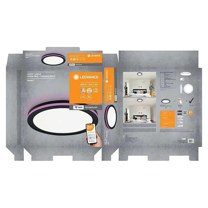 Ledvance LED-Deckenleuchte rund - 28 W, Ø x H: 46 x 9,5 cm, Schwarz, Mehrfarbig - Intelligente LED-Deckenleuchte, 460mm, schwarz mit lila Akzent, RGB + einstellbares Weiß, WLAN-steuerbar.