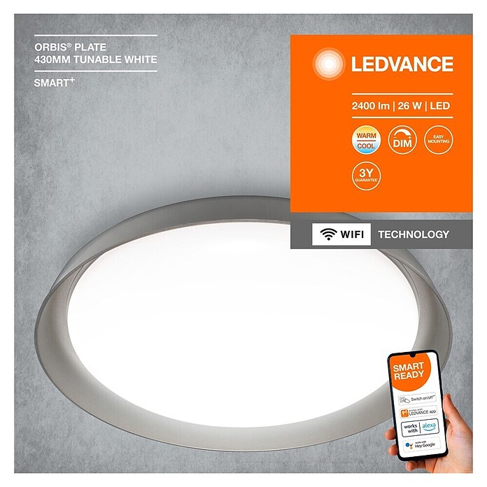 Ledvance Smart+ WiFi Led-plafondlamp, rond Ceiling Plate (26 W, Ø x h: 430 x 70 mm, Grijs) | BAUHAUS