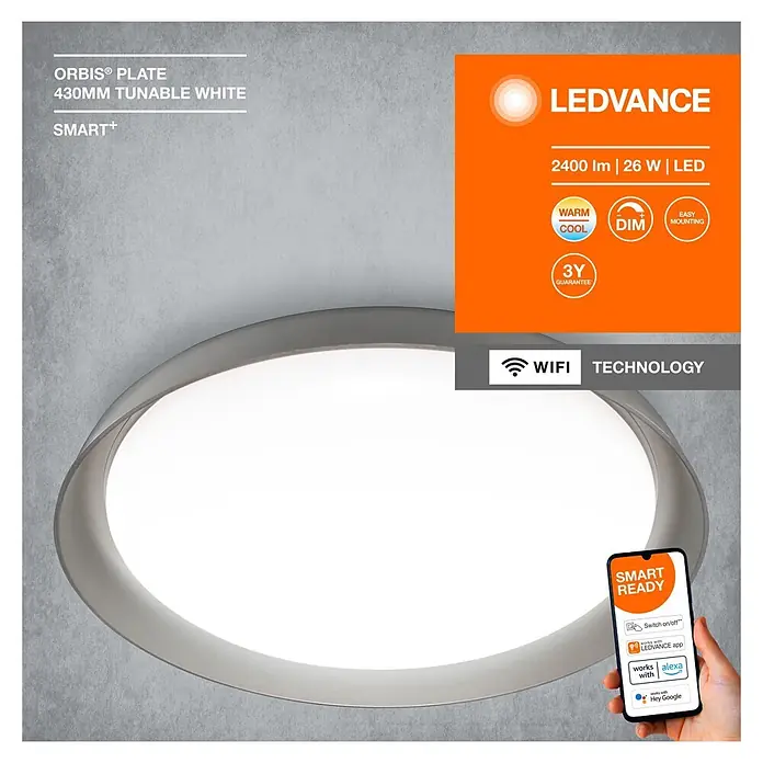 Ledvance Smart+ WiFi LED-Deckenleuchte rund Ceiling Plate - 26 W, Ø x H: 430 x 70 mm, Grau - LEDVANCE ORBIS® PLATE 430mm abstimmbare weiße Smart-LED-Deckenleuchte mit Dimm-, WiFi- und Smart Home-Kompatibilität.