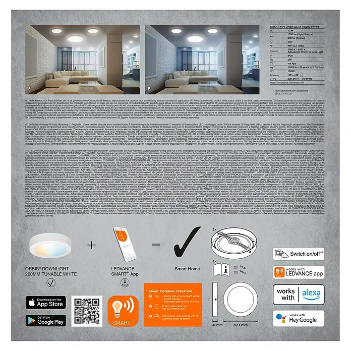 Ledvance Smart+ WiFi LED-Deckenleuchte - 12 W, Warmweiß, Durchmesser: 20 cm - Tunable White LED Downlight ORBIS, abgebildet im modernen Wohnzimmer, mit Details zu App- und Sprachsteuerungsfunktionen.