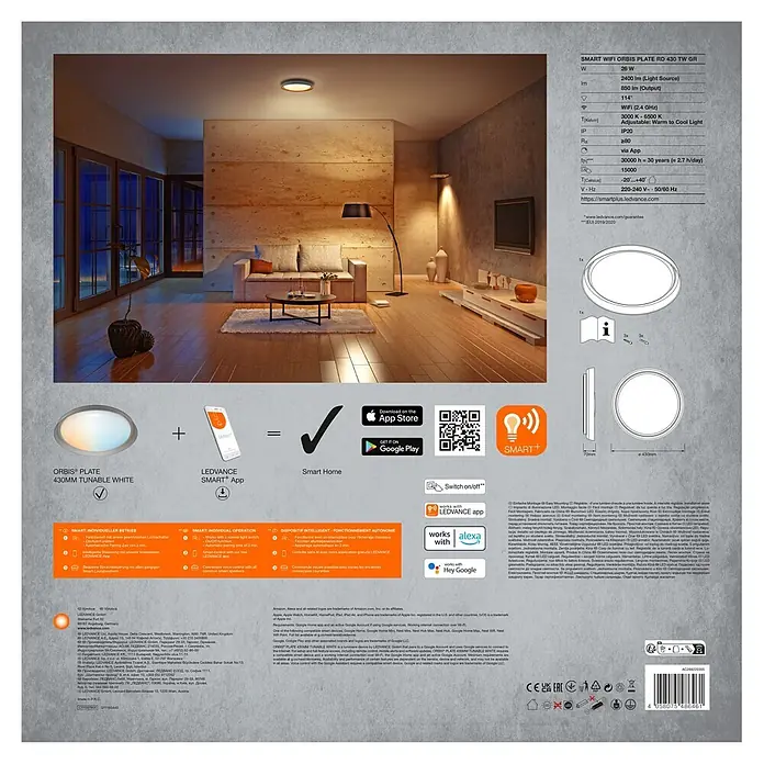 Ledvance Smart+ WiFi LED-Deckenleuchte rund Ceiling Plate - 26 W, Ø x H: 430 x 70 mm, Grau - Eine LEDVANCE Smart+ ORBIS Plate 430mm tunable white LED-Deckenleuchte auf ihrer Verpackung, mit Hinweisen auf Smart Home und App-Steuerung.