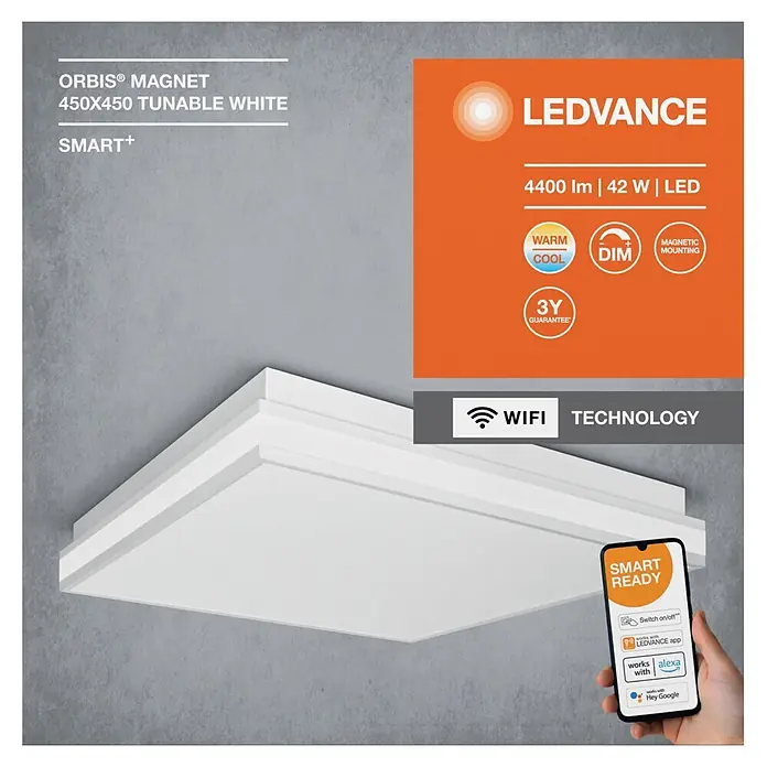 Ledvance LED-Deckenleuchte - 42 W, L x B x H: 45 x 45 x 8,6 cm, Weiß, Mehrfarbig - Weiße quadratische LED-Deckenleuchte (450x450mm) mit einstellbarem Weiß, Dimmung, magnetischer Befestigung und Smart-Home-Steuerung via Wi-Fi.