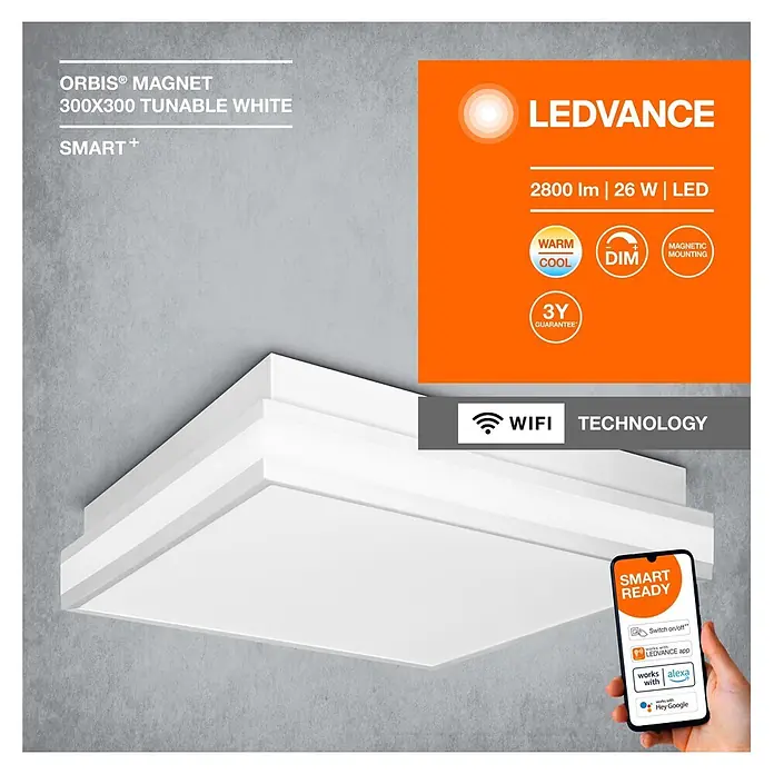 Ledvance LED-Deckenleuchte - 26 W, L x B x H: 30 x 30 x 8,6 cm, Weiß, Warmweiß - Ein weißes, quadratisches LEDVANCE ORBIS MAGNET Smart-LED-Deckenlicht mit abstimmbaren Weiß- und Dimmfunktionen.