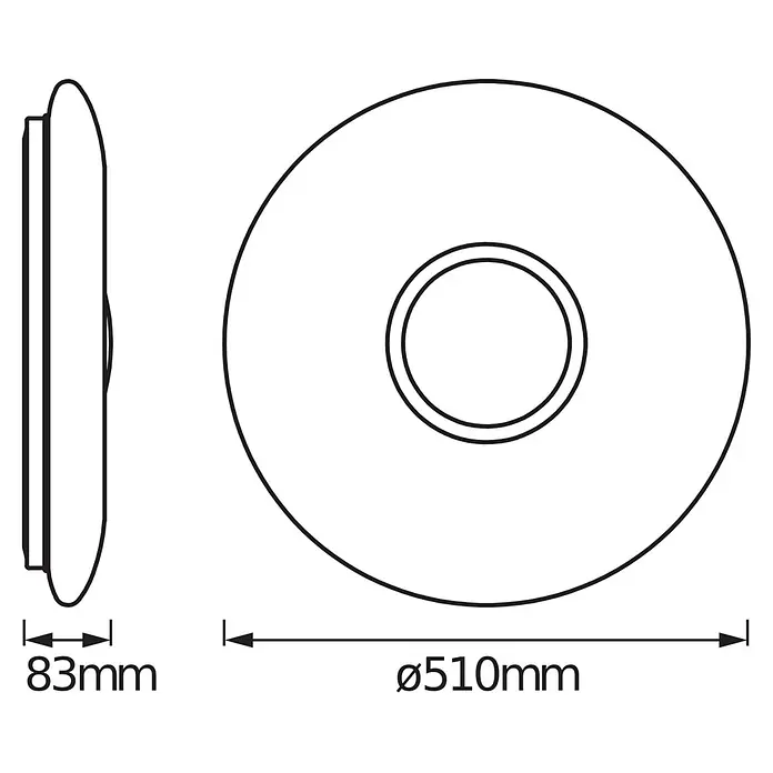 Ledvance Smart+ WiFi LED-Deckenleuchte rund Ceiling Kite - 32 W, Ø x H: 510 x 83 mm, Weiß - Technische Zeichnung einer runden Einbauleuchte, Vorder- und Seitenansicht. Maße: ⌀510mm, Tiefe 83mm.