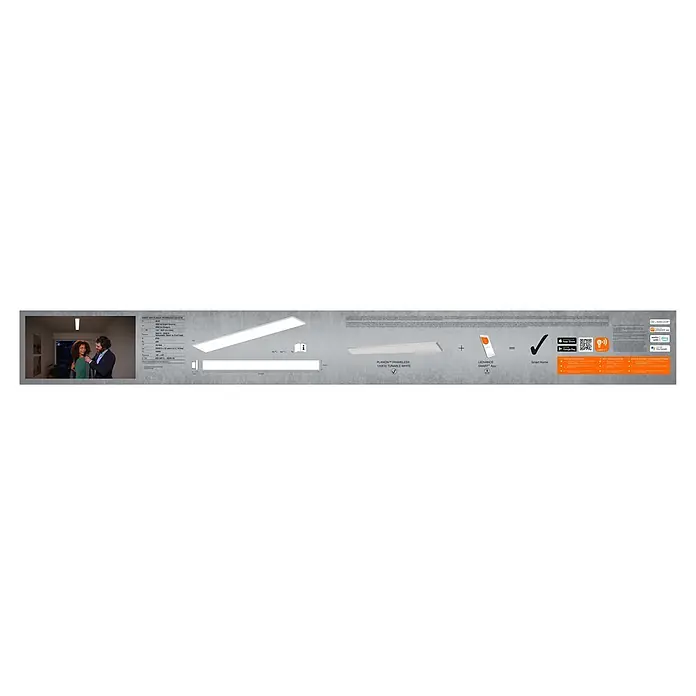 Ledvance Smart+ WiFi LED-Panel Planon Frameless - 35 W, L x B x H: 1.200 x 100 x 65 mm, Weiß, Warmweiß - Weißes, rechteckiges LEDVANCE PLANON rahmenloses Smart WiFi LED-Panel, in Heimumgebung und mit Steuerungsoptionen dargestellt.