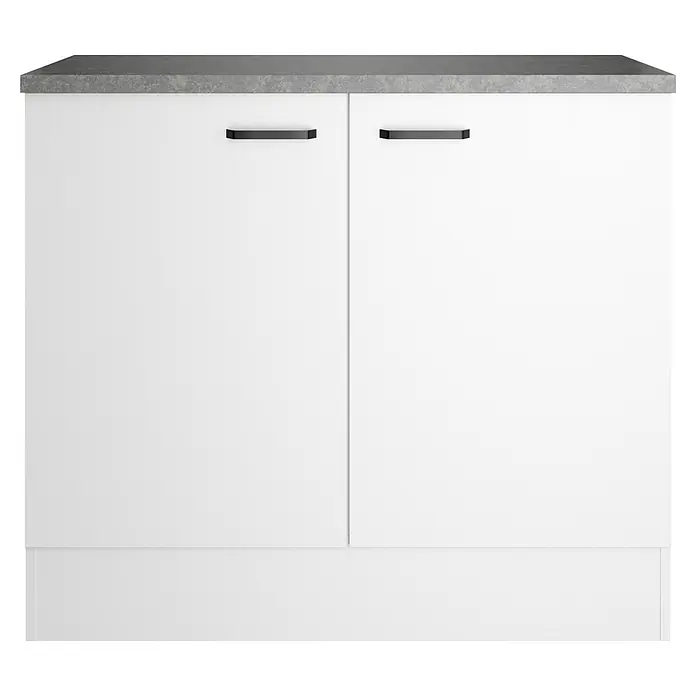 Optifit Optimulti Spülenunterschrank Bonn214 - 60 x 100 x 88 cm, Dekor Front: Weiß - Weißer zweitüriger Unterschrank mit grauer Arbeitsplatte und schwarzen Griffen.