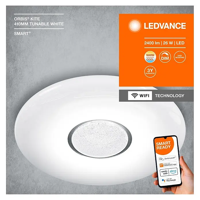 Ledvance Smart+ WiFi LED-Deckenleuchte rund Ceiling Kite - 24 W, Ø x H: 410 x 68 mm, Weiß - Weiße runde LED-Deckenleuchte, smart und dimmbar, per App oder Sprachassistent steuerbar.