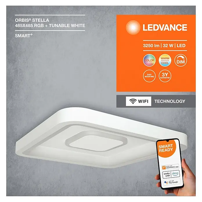 Ledvance LED-Deckenleuchte - 32 W, L x B x H: 48,5 x 48,5 x 8 cm, Weiß, Mehrfarbig - Weißes quadratisches Smart-LED-Deckenlicht (ORBIS® STELLA) mit RGB, einstellbarem Weißlicht und Dimmfunktionen.