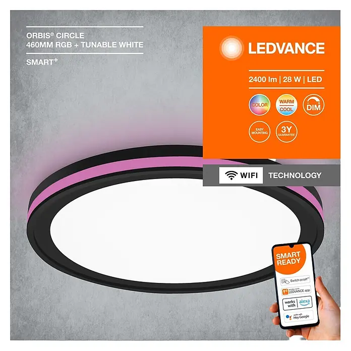 Ledvance LED-Deckenleuchte rund - 28 W, Ø x H: 46 x 9,5 cm, Schwarz, Mehrfarbig - Runde schwarze LEDVANCE Smart+ Deckenleuchte mit pinkem Akzent, RGB und abstimmbarem Weiß.