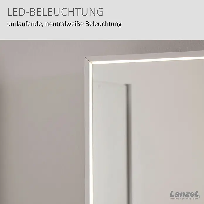 Lanzet Dune LED-Spiegelschrank - B x H: 101,8 x 70,2 cm, Holz, Weiß - Nahaufnahme eines Spiegels mit umlaufender, neutralweißer LED-Beleuchtung.