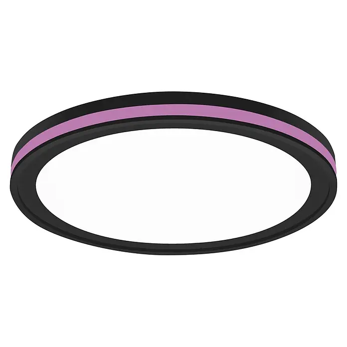 Ledvance LED-Deckenleuchte rund - 28 W, Ø x H: 46 x 9,5 cm, Schwarz, Mehrfarbig - Dunkelgrauer ovaler Rahmen mit helllila Streifen oben.