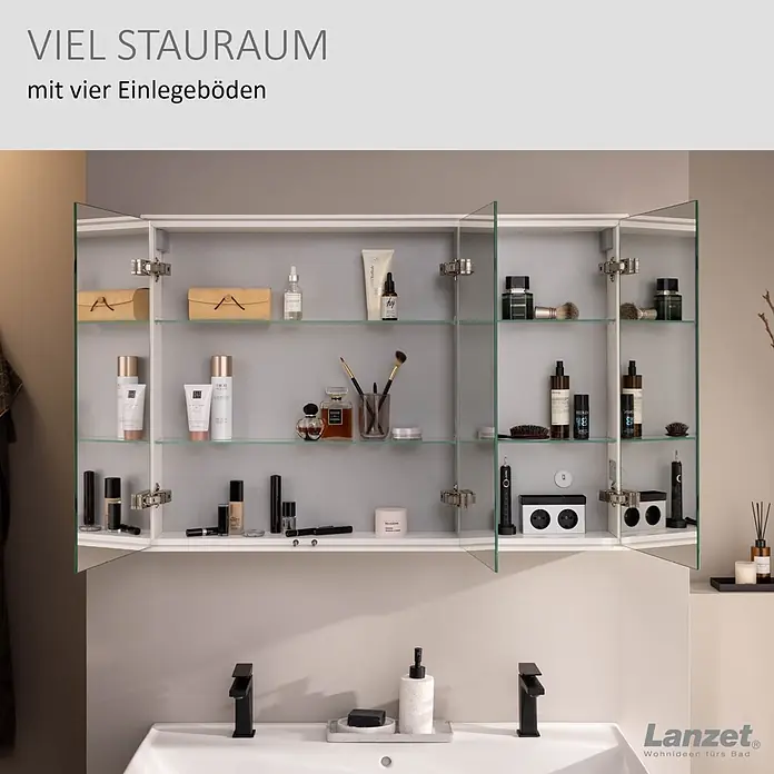 Lanzet Dune LED-Spiegelschrank - B x H: 101,8 x 70,2 cm, Holz, Weiß - Weißer Spiegelschrank mit vier Glasablagen, geöffnet und mit Pflegeprodukten gefüllt, über zwei Waschbecken.