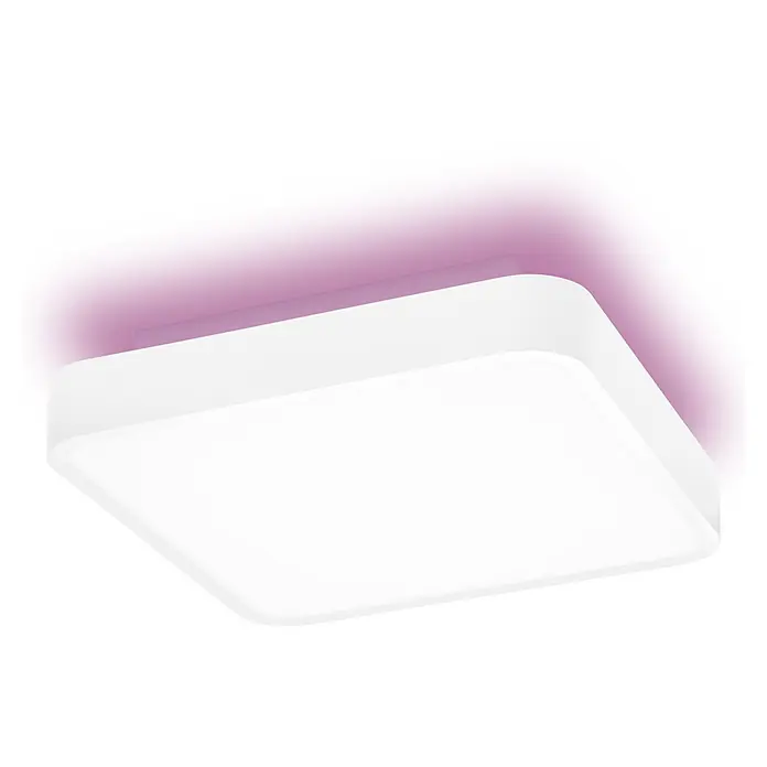 Ledvance LED-Deckenleuchte - 28 W, L x B x H: 35 x 35 x 9 cm, Weiß, RGBW - Weiße, quadratische LED-Deckenleuchte mit abgerundeten Ecken, die ein sanftes rosa Hintergrundlicht abstrahlt.
