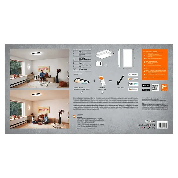 Ledvance LED-Deckenleuchte - 42 W, L x B x H: 60 x 30 x 8,6 cm, Schwarz, Mehrfarbig - Rechteckige schwarze Smart WiFi LED-Deckenleuchte ORBIS® MAGNET 600x300, mit einstellbarem Weißton und App-Steuerung.