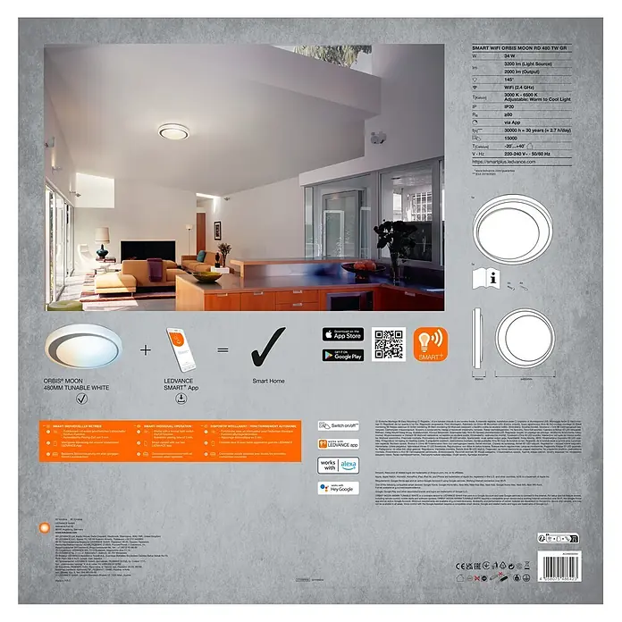Ledvance Smart+ WiFi LED-Deckenleuchte rund Ceiling Moon - 32 W, Ø x H: 480 x 86 mm, Weiß/Silber - Eine runde LEDVANCE ORBIS MOON Smart-Deckenleuchte mit abstimmbarem Weißlicht, montiert in einem modernen Wohnraum.