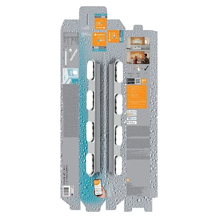 Ledvance LED-Wandstrahler - 27 W, L x B x H: 57,5 x 6 x 5,8 cm, Silber, Mehrfarbig, 4 Stk. - LEDVANCE ORBIS DUPLO 580mm, ein smartes LED-Feuchtraumlicht mit einstellbarer Lichtfarbe, auf der Produktverpackung.