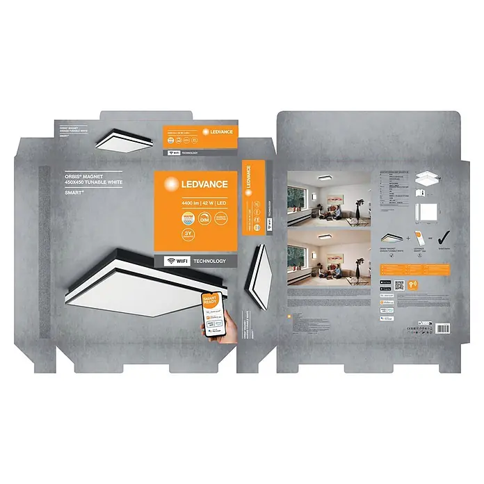 Ledvance LED-Deckenleuchte - 42 W, L x B x H: 45 x 45 x 8,6 cm, Schwarz, Mehrfarbig - Schwarz-weißes quadratisches Smart+ LED-Panel mit abstimmbarem Weiß, dimmbar und Wi-Fi Smart-Home-Funktionen.