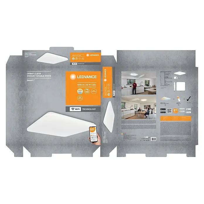 Ledvance LED-Deckenleuchte - 42 W, L x B x H: 53 x 53 x 8,5 cm, Weiß, Mehrfarbig - Weißes, quadratisches LEDVANCE ORBIS® CLEAN SMART+ LED-Deckenlicht (530x530) mit Tunable White und WiFi-Technologie.