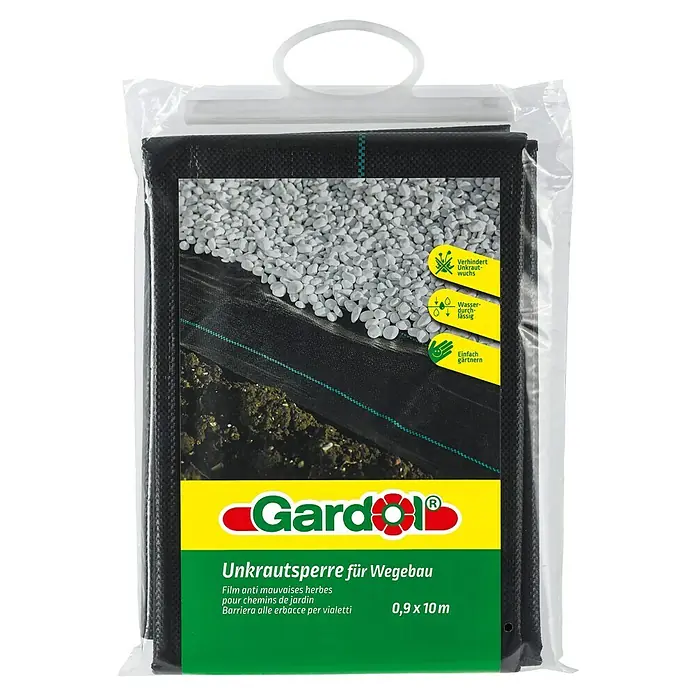 Gardol Unkrautabwehrgewebe - L x B: 10 x 0,9 m - Bild einer Gardol Unkrautsperre für Wegebau, die Unkraut verhindert und wasserdurchlässig ist, ideal für einfaches Gärtnern.
