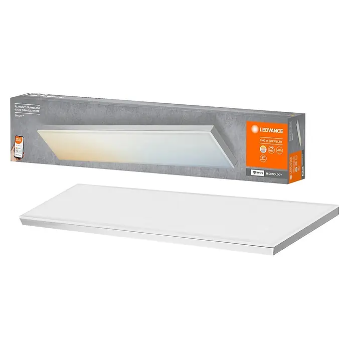 Ledvance Smart+ WiFi LED-Panel Planon Frameless - 28 W, L x B x H: 600 x 100 x 65 mm, Weiß - Ledvance Planon Frameless 60x10 tunable white Smart LED-Panel (28W) mit WLAN, neben seiner Verpackung.