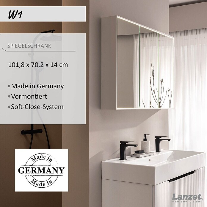 Lanzet Dune LED-Spiegelschrank W1 (B x H: 100 x 68 cm, Holz, Weiß) | BAUHAUS