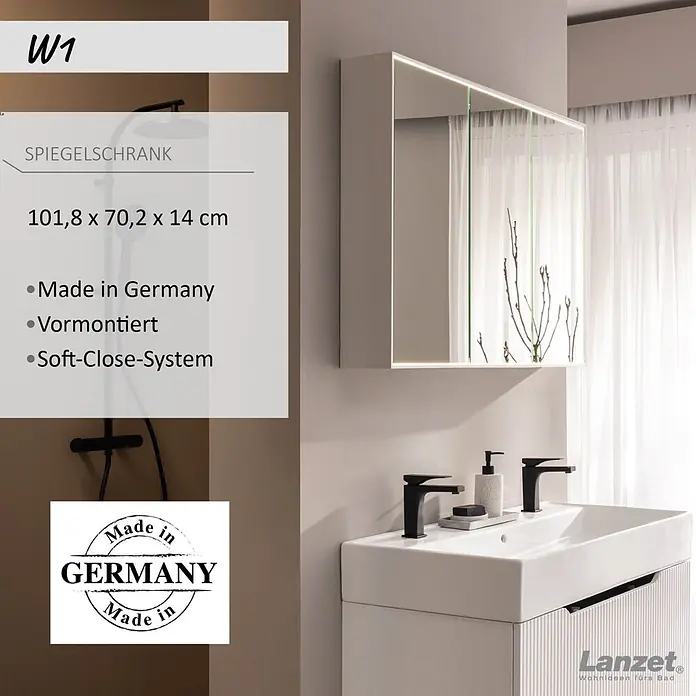 Lanzet Dune LED-Spiegelschrank - B x H: 101,8 x 70,2 cm, Holz, Weiß - Weißer Spiegelschrank mit integrierter Beleuchtung über einem modernen Badwaschtisch.