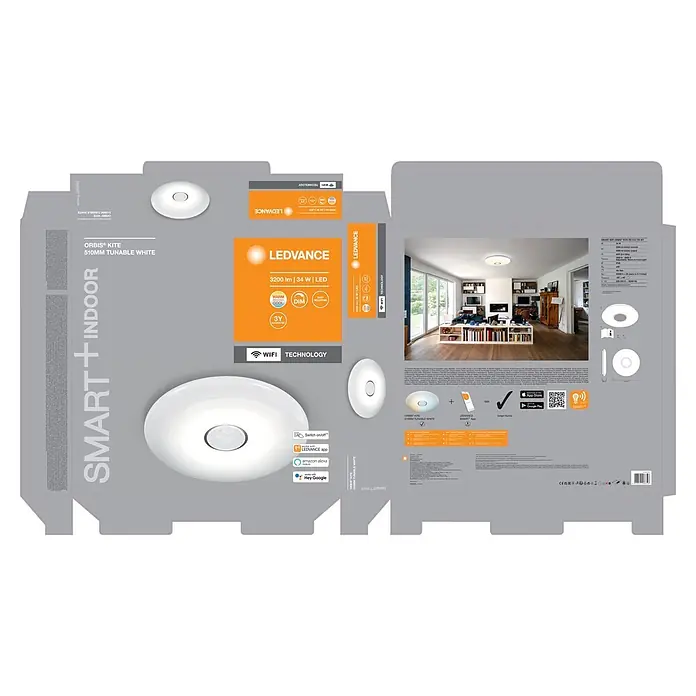 Ledvance Smart+ WiFi LED-Deckenleuchte rund Ceiling Kite - 32 W, Ø x H: 510 x 83 mm, Weiß - Rundes, weißes LEDVANCE Smart+ Deckenlicht, 510mm, tunable white und dimmbar mit WiFi-Steuerung, auf Verpackung.