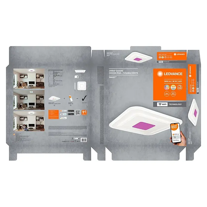 Ledvance LED-Deckenleuchte - 32 W, L x B x H: 50 x 50 x 5,5 cm, Weiß, RGBW - Weißes quadratisches smartes LED-Deckenlicht mit lila Mitte, mit RGB und einstellbarem Weißlicht, WiFi-steuerbar.