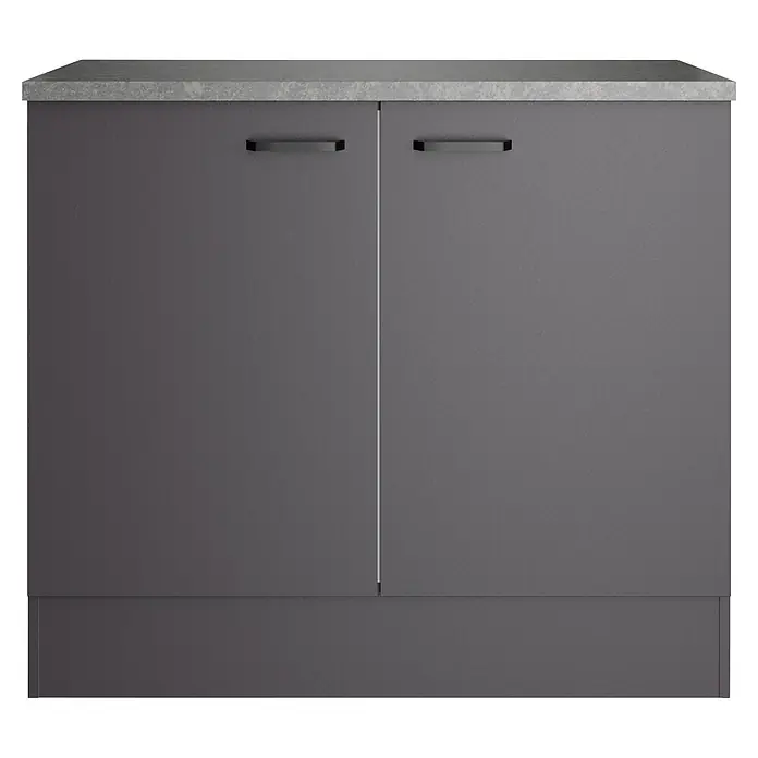 Optifit Optimulti Spülenunterschrank Kiel420 - 60 x 100 x 88 cm, Dekor Front: Grau matt - Dunkelgrauer Unterschrank mit zwei Türen, schwarzen Griffen und grauer Steinoptik-Arbeitsplatte.