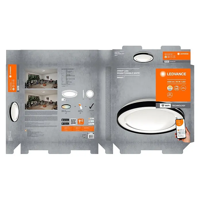 Ledvance LED-Deckenleuchte rund Lisa - 30 W, Ø x H: 48,4 x 8,5 cm, Schwarz, Warmweiß - Runde schwarz-weiße LEDVANCE Smart-Deckenleuchte mit einstellbarer Lichtfarbe und Dimmfunktion, Wi-Fi-gesteuert.