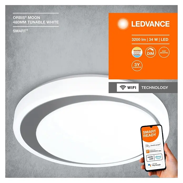 Ledvance Smart+ WiFi LED-Deckenleuchte rund Ceiling Moon - 32 W, Ø x H: 480 x 86 mm, Weiß/Silber - Weiße, runde LEDVANCE ORBIS MOON Smart-Deckenleuchte mit abstimmbarem Weißlicht und Dimmfunktion, über WiFi steuerbar.