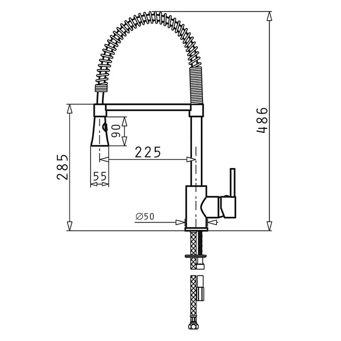 Pyramis Spültischarmatur Cresento Basic - Chrom, Glänzend - Abbildung einer Küchenarmatur mit den Maßangaben 285 mm (Höhe), 225 mm (Ausladung), 486 mm (Gesamthöhe) und Ø50 mm (Durchmesser).