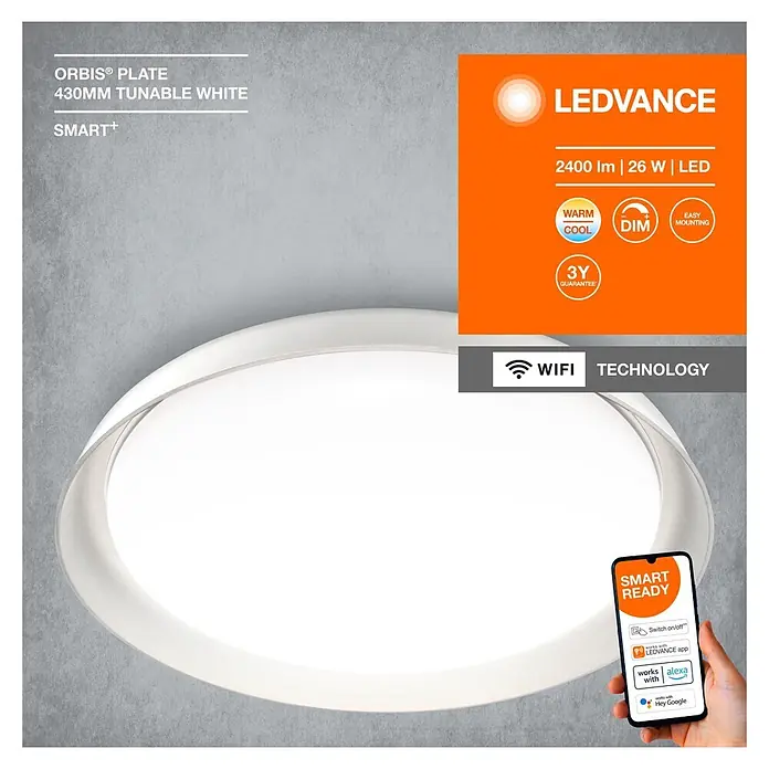 Ledvance Smart+ WiFi LED-Deckenleuchte rund Ceiling Plate - 24 W, Ø x H: 430 x 70 mm, Weiß - Weiße, runde LEDVANCE Orbis Plate Smart-Deckenleuchte, 430mm, tunable white, dimmbar, WiFi-fähig.
