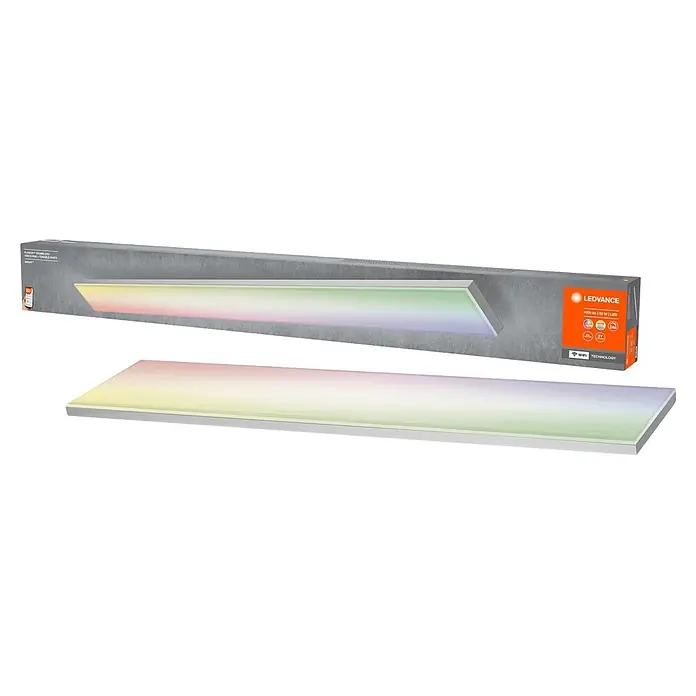 Ledvance Smart+ WiFi LED-Panel Planon Frameless - 35 W, L x B x H: 1.200 x 100 x 65 mm, Weiß, RGBW - LEDVANCE smartes rahmenloses rechteckiges RGB Tunable White LED-Panel und Verpackung.