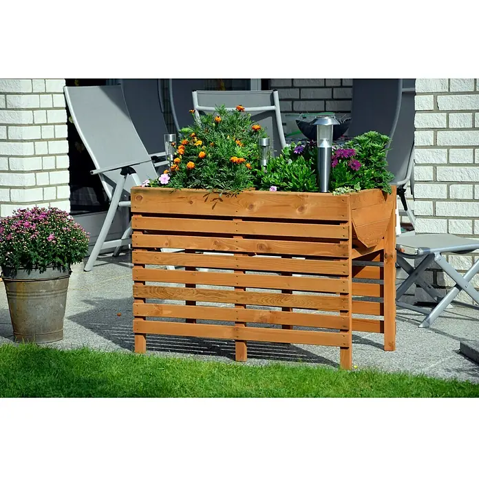 Dobar Hochbeet XL - 100 x 50 x 71 cm, Holz, Bernstein - Hochbeet aus Holz mit bunten Blumen, ideal für Garten oder Terrasse. Ein dekoratives und praktisches Element für Pflanzenliebhaber.