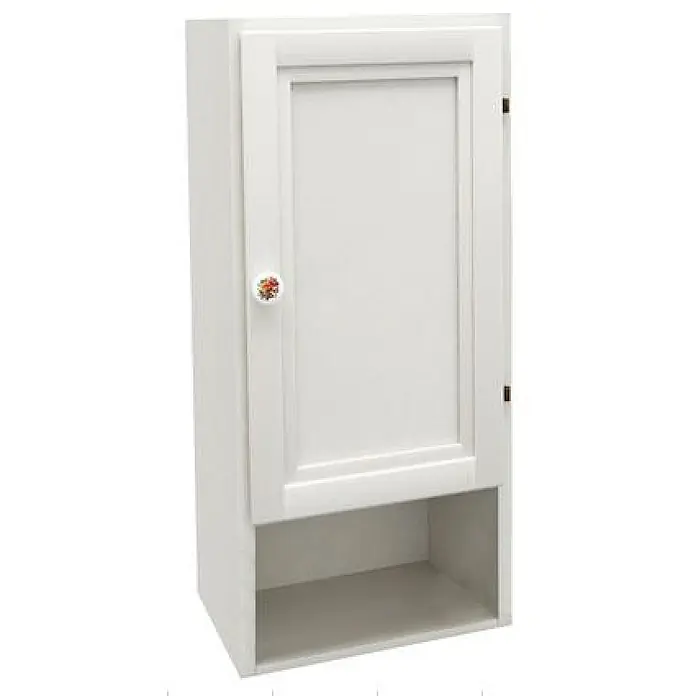 Kiamami Valentina Badmöbel-Set - Weiß - Weißer Wandschrank mit einer Tür und offenem Regal unten. Mit dekorativem Blumenknopf.