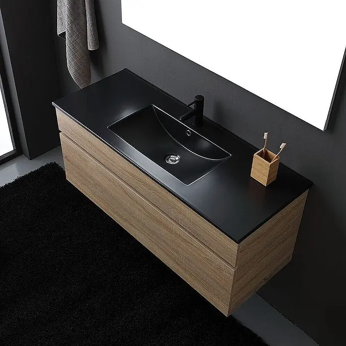 Kiamami Valentina Badmöbel-Set - Helles Holz - Wandmontierter Badschrank mit schwarzem integriertem Waschbecken, Armatur und hellem Holzschrank.