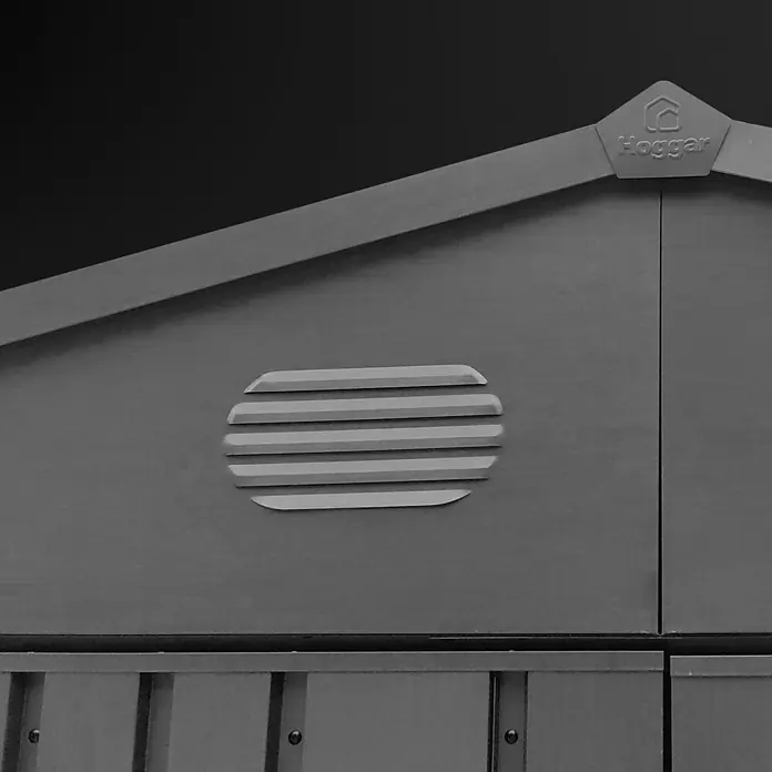 Hoggar Gerätehaus Pioneer Y140 - Außenmaß inkl. Dachüberstand (B x T): 505 x 280 cm, Anthrazit, Stahl, 14,4 m² - Dunkelgraues Kunststoff-Schuppendach mit 'Hoggar'-Logo und Lüftungsgitter.