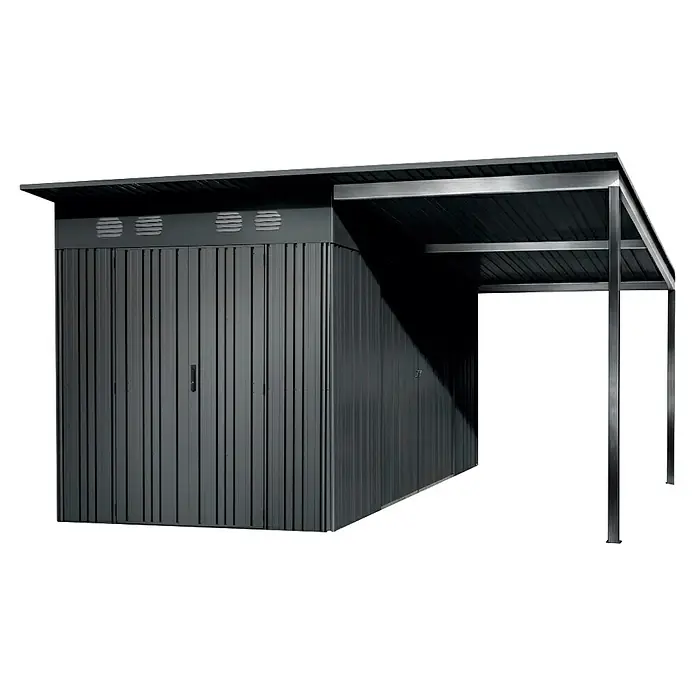 Hoggar Gerätehaus Pioneer Y140 - Außenmaß inkl. Dachüberstand (B x T): 505 x 280 cm, Anthrazit, Stahl, 14,4 m² - Dunkelgraues Wellblech-Lagerschuppen mit integriertem offenem Carport.