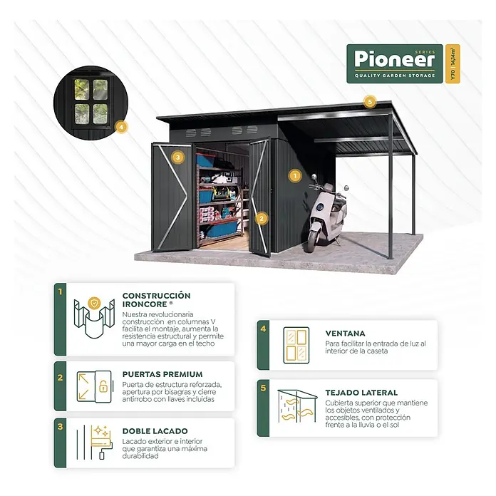 Hoggar Caseta para jardín Pioneer Y140 - Medidas ext. (An x Pr): 505 x 280 cm, Antracita, Acero, 14,4 m² - Caseta de jardín gris oscuro con anexo techado, puertas dobles y ventana, almacena objetos y una scooter.