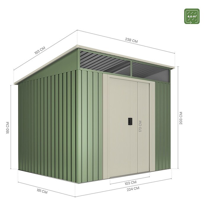 Hoggar Caseta para jardín Gansen II (Medidas ext. (An x Pr): 238 x 193 cm, Área: 4,6 m², Verde/Beige, Acero) | BAUHAUS