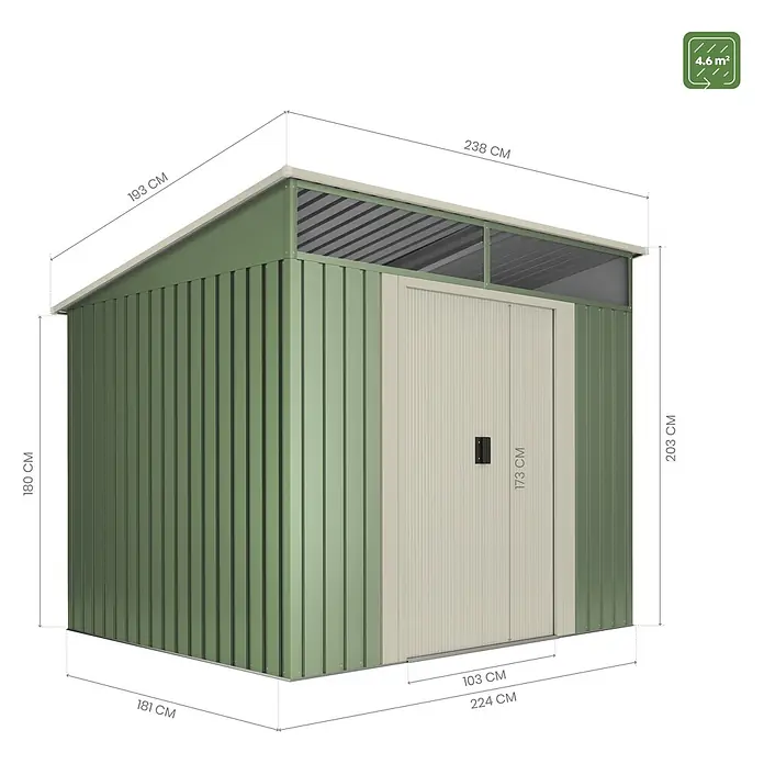 Hoggar Gerätehaus Gansen II - Außenmaß inkl. Dachüberstand (B x T): 238 x 193 cm, Grundfläche: 4,6 m², Anthrazitgrau, Stahl - Grünes und beiges Metall-Gartenhaus mit detaillierten Maßen, einer beigen Tür und einem Pultdach.