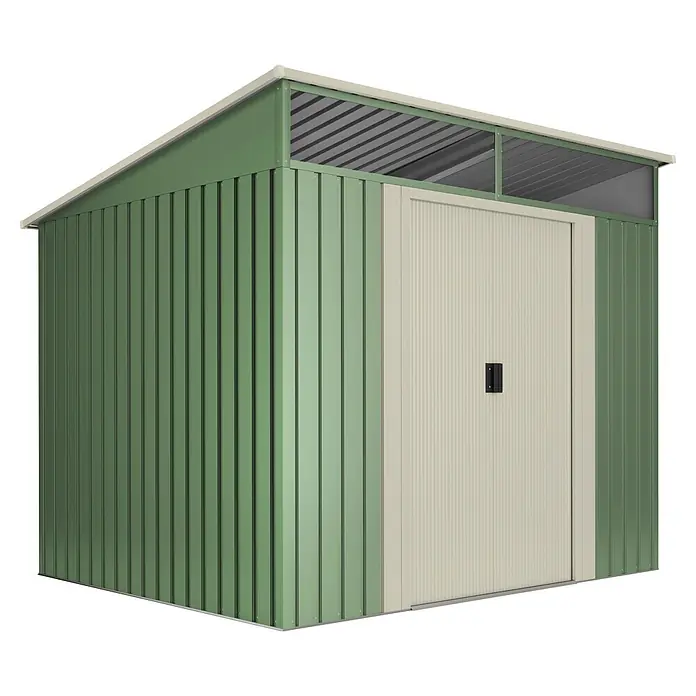 Hoggar Gerätehaus Gansen II - Außenmaß inkl. Dachüberstand (B x T): 238 x 193 cm, Grundfläche: 4,6 m², Anthrazitgrau, Stahl - Grüner Gartenpavillon aus Wellblech mit heller Tür, schrägem Dach und teilweiser Klarbedachung.