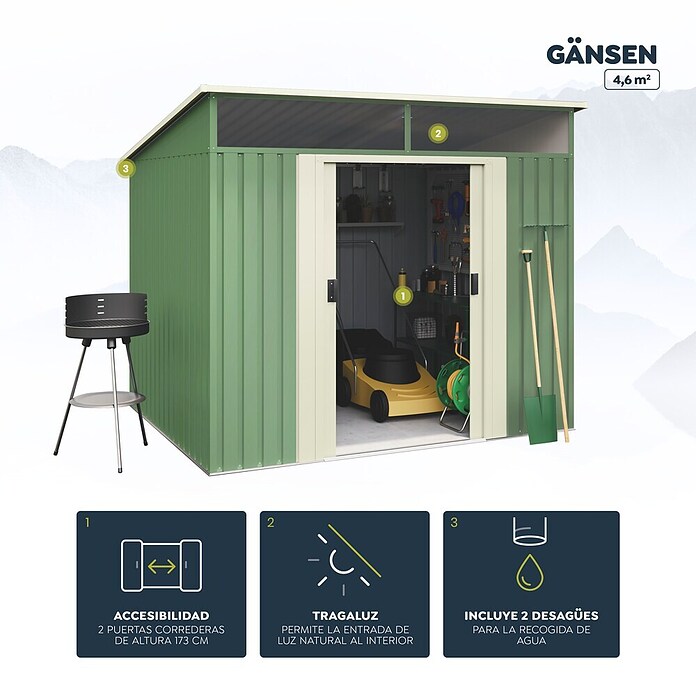 Hoggar Caseta para jardín Gansen II (Medidas ext. (An x Pr): 238 x 193 cm, Área: 4,6 m², Verde/Beige, Acero) | BAUHAUS