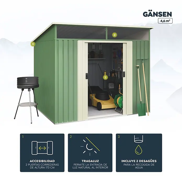 Hoggar Caseta para jardín Gansen II - Medidas ext. (An x Pr): 238 x 193 cm, Área: 4,6 m², Verde/Beige, Acero - Caseta de jardín metálica verde (4,6 m²) con puertas correderas de 173 cm y tragaluz.