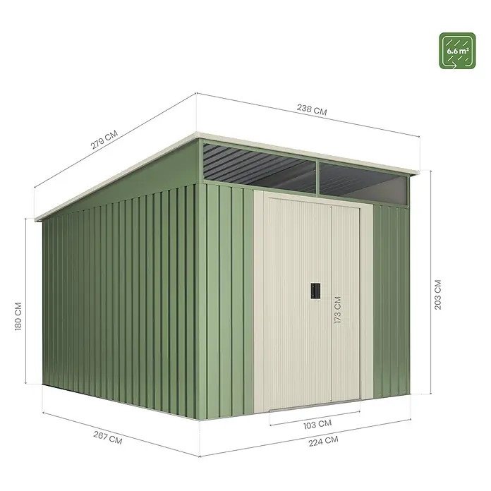 Hoggar Gerätehaus Slevik - Außenmaß inkl. Dachüberstand (B x T): 238 x 279 cm, Stahl, Anthrazitgrau, 6,6 m² - Grüner Metall-Gartenschuppen mit Doppeltüren, Schrägdach und Maßen. Gesamtfläche 6,6 m².
