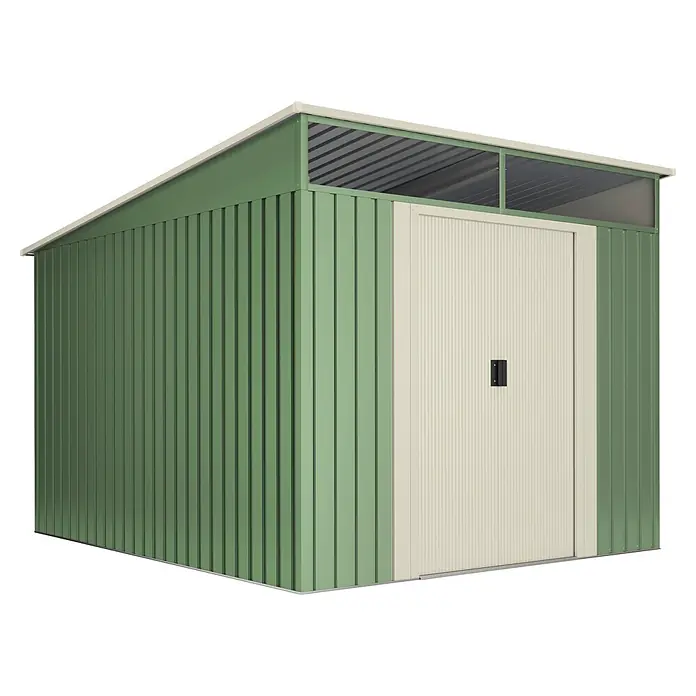 Hoggar Gerätehaus Slevik - Außenmaß inkl. Dachüberstand (B x T): 238 x 279 cm, Stahl, Anthrazitgrau, 6,6 m² - Grüner und cremefarbener Wellblech-Gartenschuppen mit Pultdach und lichtdurchlässigen oberen Paneelen.