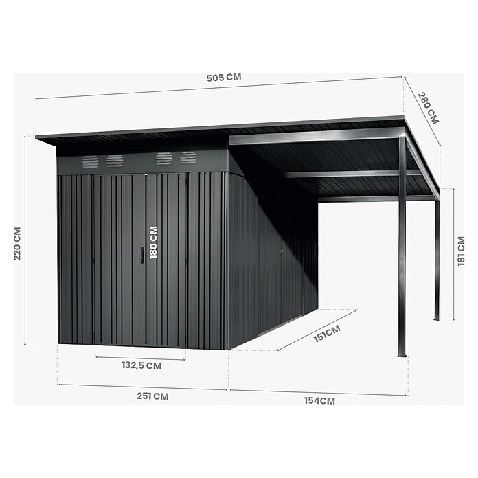 Hoggar Caseta para jardín Pioneer Y140 (Medidas ext. (An x Pr): 505 x 280 cm, Antracita, Acero, 14,4 m²) | BAUHAUS